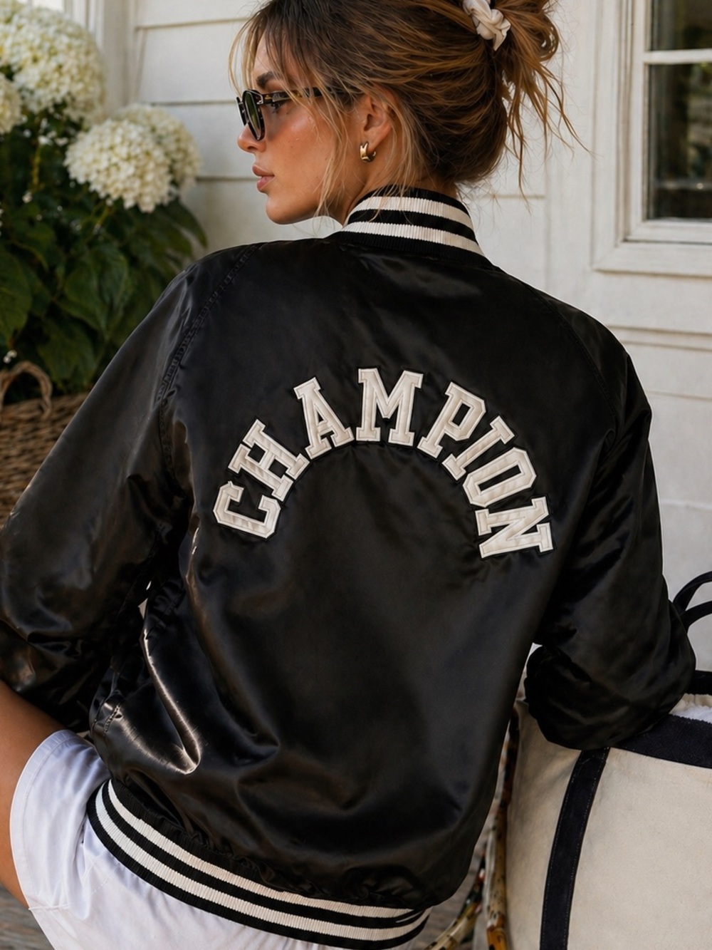 Champion Black Satin Varsity Bomber Jacket Back Logo- Women's Size Medium EUC